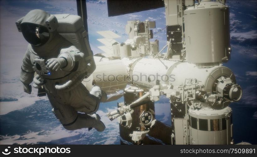 International Space Station and astronaut in outer space over the planet Earth. Elements of this image furnished by NASA.. International Space Station and astronaut in outer space over the planet Earth
