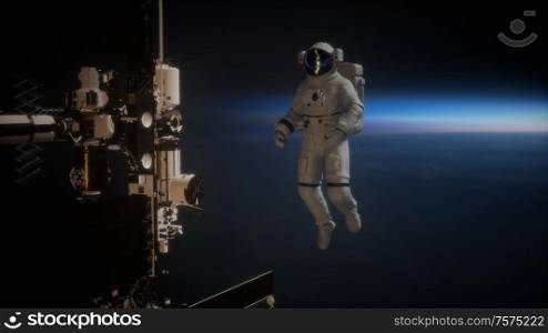International Space Station and astronaut in outer space over the planet Earth. Elements of this image furnished by NASA.. International Space Station and astronaut in outer space over the planet Earth