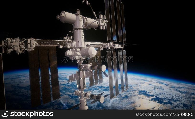 International Space Station in outer space over the planet Earth. Elements of this image furnished by NASA.. International Space Station in outer space over the planet Earth