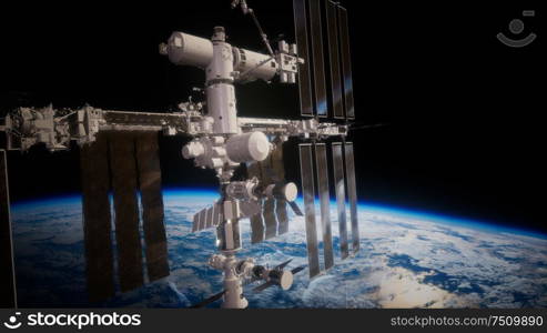 International Space Station in outer space over the planet Earth. Elements of this image furnished by NASA.. International Space Station in outer space over the planet Earth