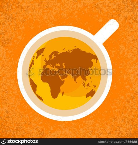 International Tea Day. Agricultural holiday concept. Cup of tea, top view. Continents silhouettes. Grunge background. International Tea Day. Agricultural holiday concept. Cup of tea, top view. Continents silhouettes. Grunge background.