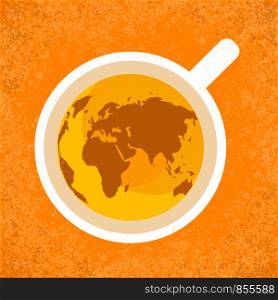 International Tea Day. Agricultural holiday concept. Cup of tea, top view. Continents silhouettes. Grunge background. International Tea Day. Agricultural holiday concept. Cup of tea, top view. Continents silhouettes. Grunge background.
