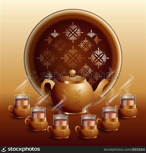 International Tea Day. Agricultural holiday concept. Retro copper tea set. Round tray, teapot, glass cups, glass holders. Tableware decorated with ornaments. Hot tea, steam comes. International Tea Day. Agricultural holiday concept. Copper retro teapot.
