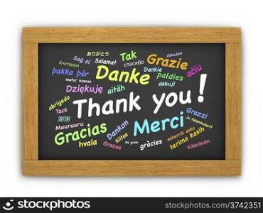 International thank you colorful text in different languages for thanksgiving concept on a wooden blackboard or chalkboard on white background.