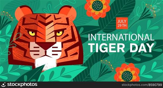 International Tiger Day. Day of protection of the endangered tiger. A wild tiger among tropical foliage. Vector illustration.. International Tiger Day. Vector illustration.