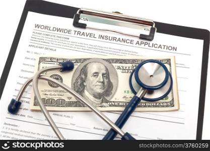 International travel medical insurance application with stethoscope and money