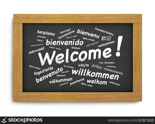 International welcome text greeting concept in different languages on a wooden blackboard or chalkboard on white background.
