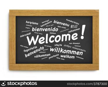 International welcome text greeting concept in different languages on a wooden blackboard or chalkboard on white background.