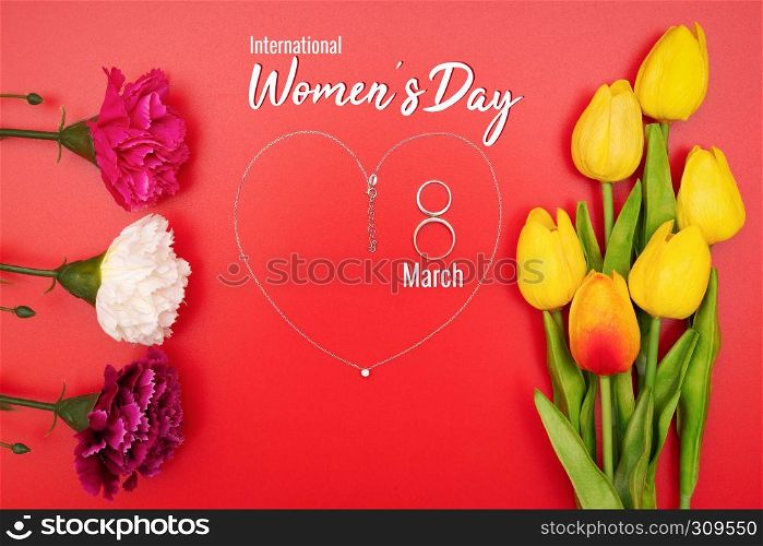 International Woman's Day with flowers and heart shape necklace on red background