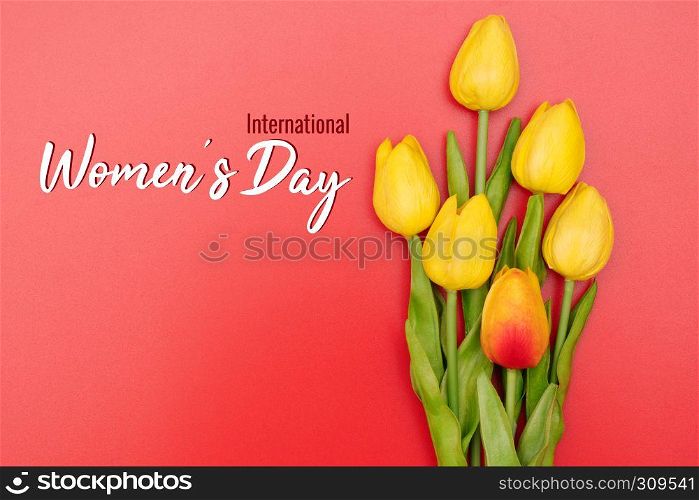 International Woman's Day with tulip flowers on red background