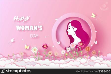 International Women&rsquo;s Day 8 march with butterfly and flower and leaves, Happy Women Day holiday illustration. Paper art, paper cut style.