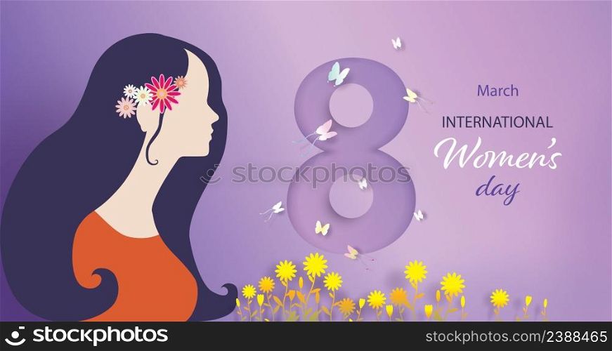 International Women&rsquo;s Day 8 march with butterfly and flowers, Happy Women Day holiday illustration. Paper art, paper cut style.