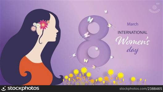 International Women&rsquo;s Day 8 march with butterfly and flowers, Happy Women Day holiday illustration. Paper art, paper cut style.