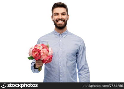 international women’s day and greeting concept - happy smiling man with bunch of flowers over white background. happy smiling man with bunch of flowers