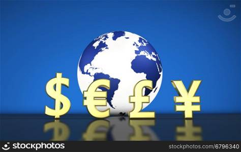 International world economy with currencies symbols and a globe with the world map on background illustration for currency exchange business.