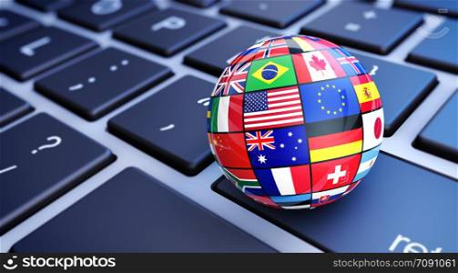 International world flags globe. Online business and worldwide web services concept with international world flags on a computer keyboard 3D illustration.