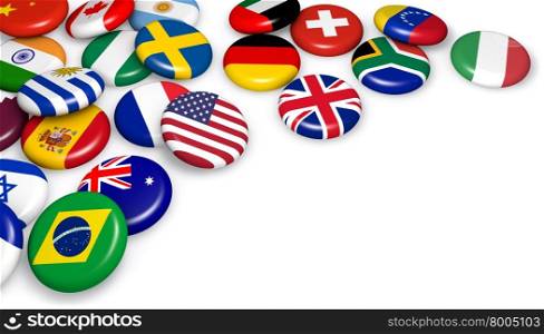 International world flags on badges concept for trading business, travel services and global management 3d illustration on white background with copyspace.