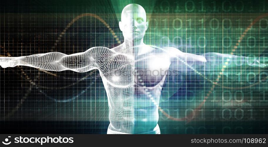 Internet Background with Binary Code and Vitruvian Man. Internet Background