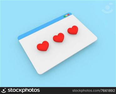 Internet browser page and hearts on a blue background. 3d render illustration.. Internet browser page and hearts on a blue background. 