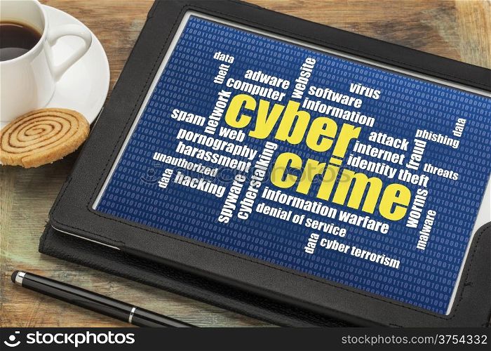 internet concept - cybercrime word cloud on a digital tablet
