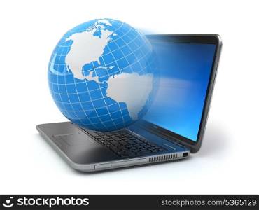 Internet concept. Laptop and earth on white isolated background. 3d