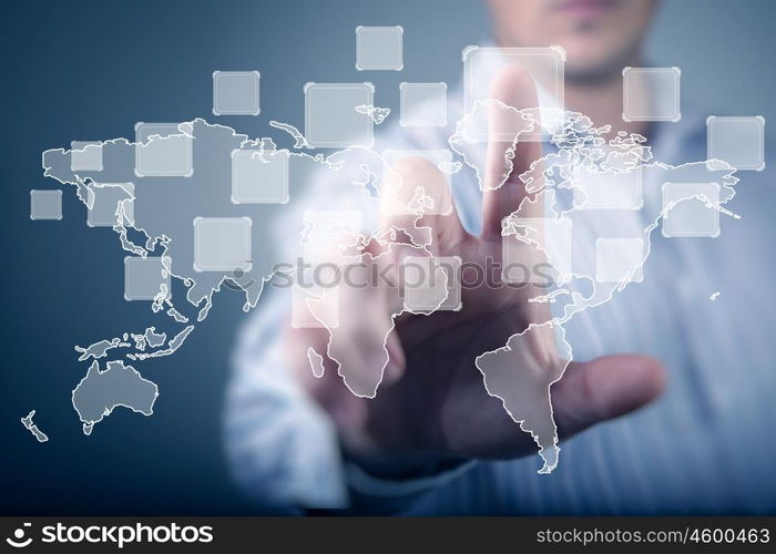 Internet concept of global technology. Modern Business World, A businessman navigating virtual world map