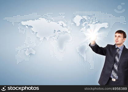 Internet concept of global technology. Modern Business World, A businessman navigating virtual world map