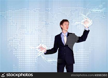 Internet concept of global technology. Modern Business World, A businessman navigating virtual world map
