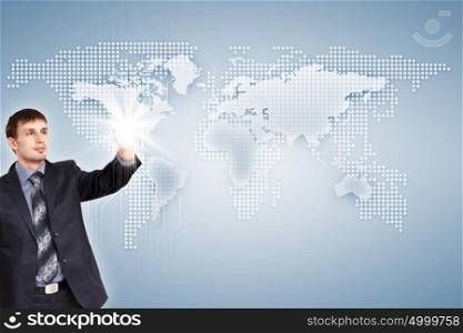 Internet concept of global technology. Modern Business World, A businessman navigating virtual world map