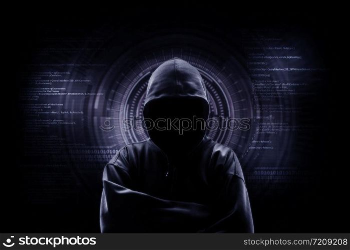 Internet crime concept. Hacker working on a code on dark digital background with digital interface around.