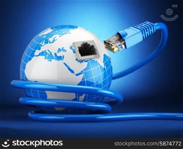 Internet global comunication concept. Earth and ethernet cable on blue background. 3d