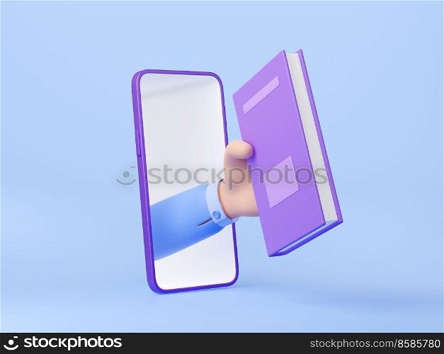 Internet library, online education concept with hand from mobile phone screen giving book. Smartphone application for reading, study, digital knowledge, 3d render illustration. Internet library, online education concept