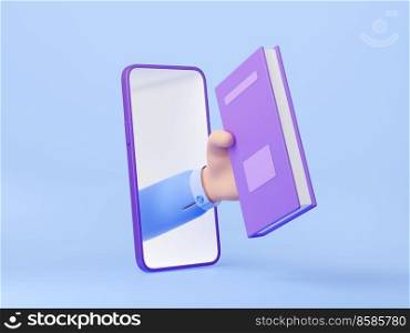 Internet library, online education concept with hand from mobile phone screen giving book. Smartphone application for reading, study, digital knowledge, 3d render illustration. Internet library, online education concept