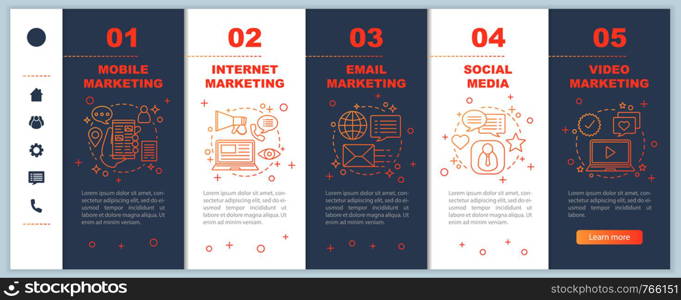 Internet marketing onboarding mobile web pages vector template. Online advertising. Social media, video, email, video marketing. Responsive smartphone website interface. Webpage walkthrough screens. Internet marketing onboarding mobile web pages vector template