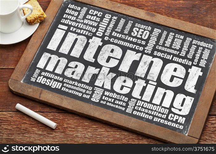 internet marketing word cloud on a vintage slate blackboard with a cup of coffee and pastry