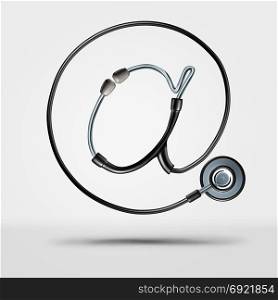 Internet medicine and medical doctor online communication or hospital health care information as a stethoscope shaped as an email symbol as a 3D render.