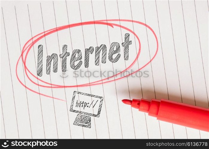 Internet note in a red circle with a computer sketch