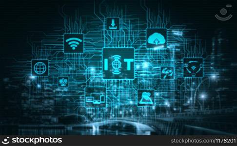 Internet of Things and Communication Technology Concept - Modern graphic interface showing smart information and digital lifestyle in application software for home and business use.