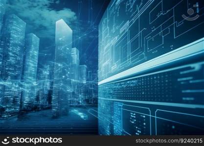 internet of things, networks and augmented reality concept, night scene. cyber technology city of the future. Neural network AI generated art. internet of things, networks and augmented reality concept, night scene. cyber technology city of the future. Neural network AI generated