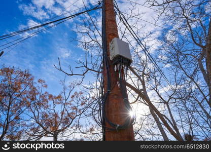 internet optical fiber connection box in a pole. internet optical fiber connection box in a pole of wood