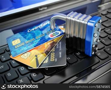 Internet security concept. Credit cards and lock on laptop keyboard. 3d
