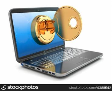 Internet security concept. Key and laptop. 3d