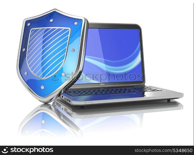 Internet security concept. Laptop and shield. 3d