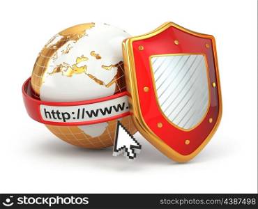 Internet security. Earth, browser address line and shield. 3d