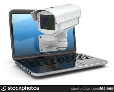 Internet security. Laptop and CCTV on white isolated background. 3d