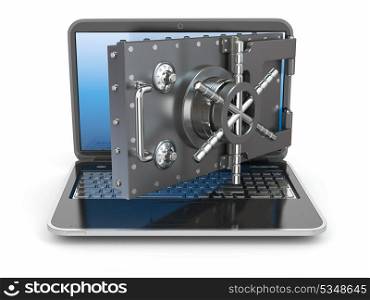 Internet security.Laptop and opening safe deposit box&rsquo;s door. 3d