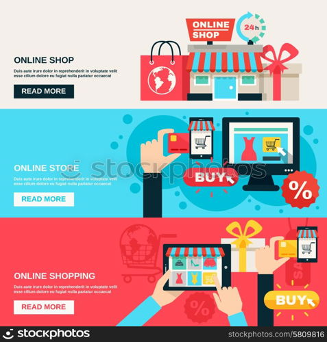 Internet Shopping Flat Banner Set . Internet shopping web market and online store flat color horizontal banner set isolated vector illustration