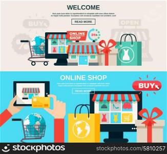 Internet Store Flat Banner Set . Welcome online shop or web market and buy online flat color horizontal banner set isolated vector illustration