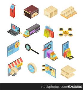 Internet Store Isometric Set. Internet store isometric set with search of goods, warehouse, delivery tracking, online payment, package isolated vector illustration