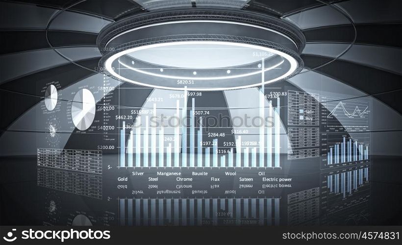Internet technology business concept. Futuristic 3D interior view with infographic elements
